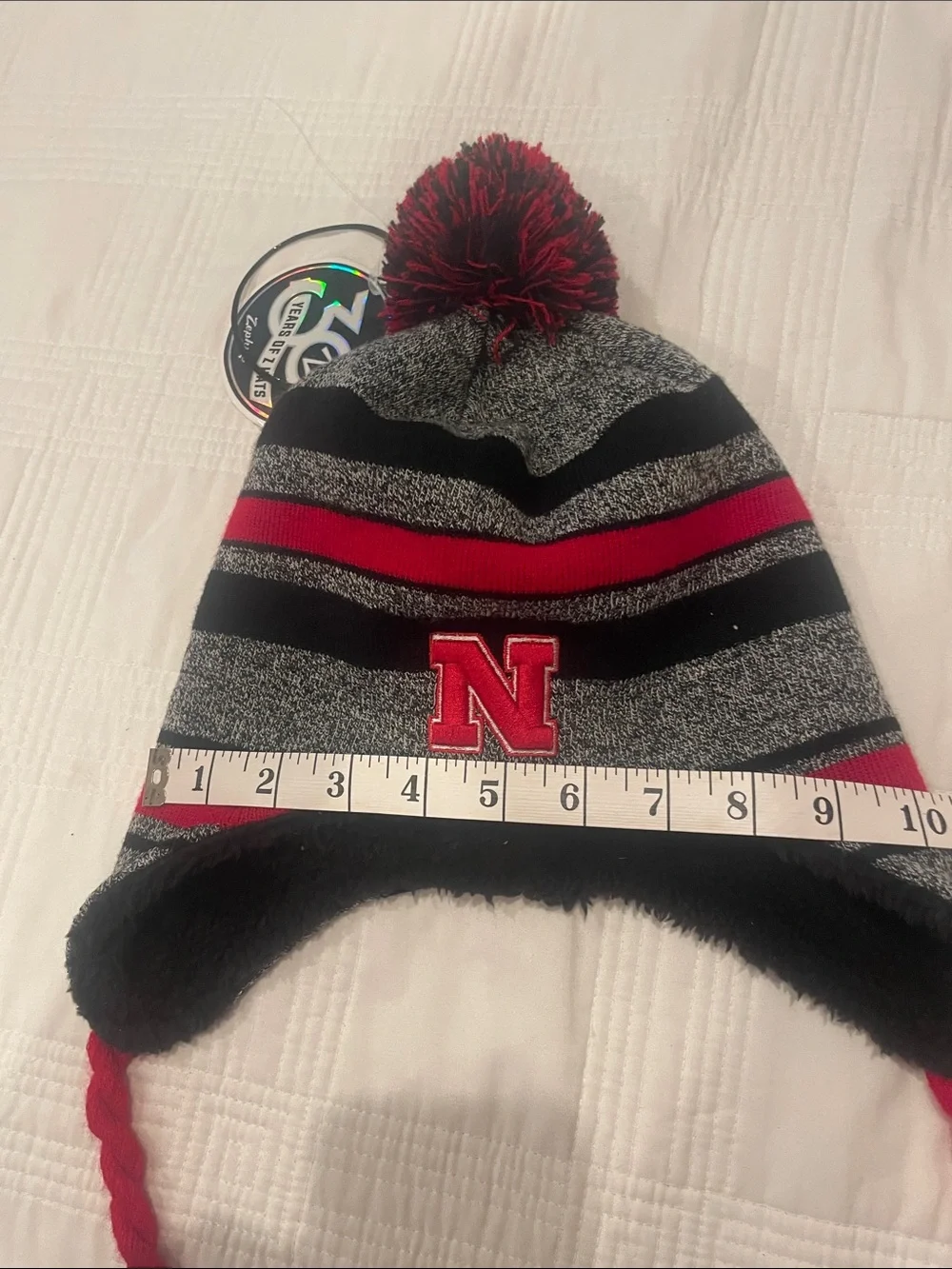 Nebraska Red, Black & Gray small adults Pom-Pom Earflap Hat (OL2)